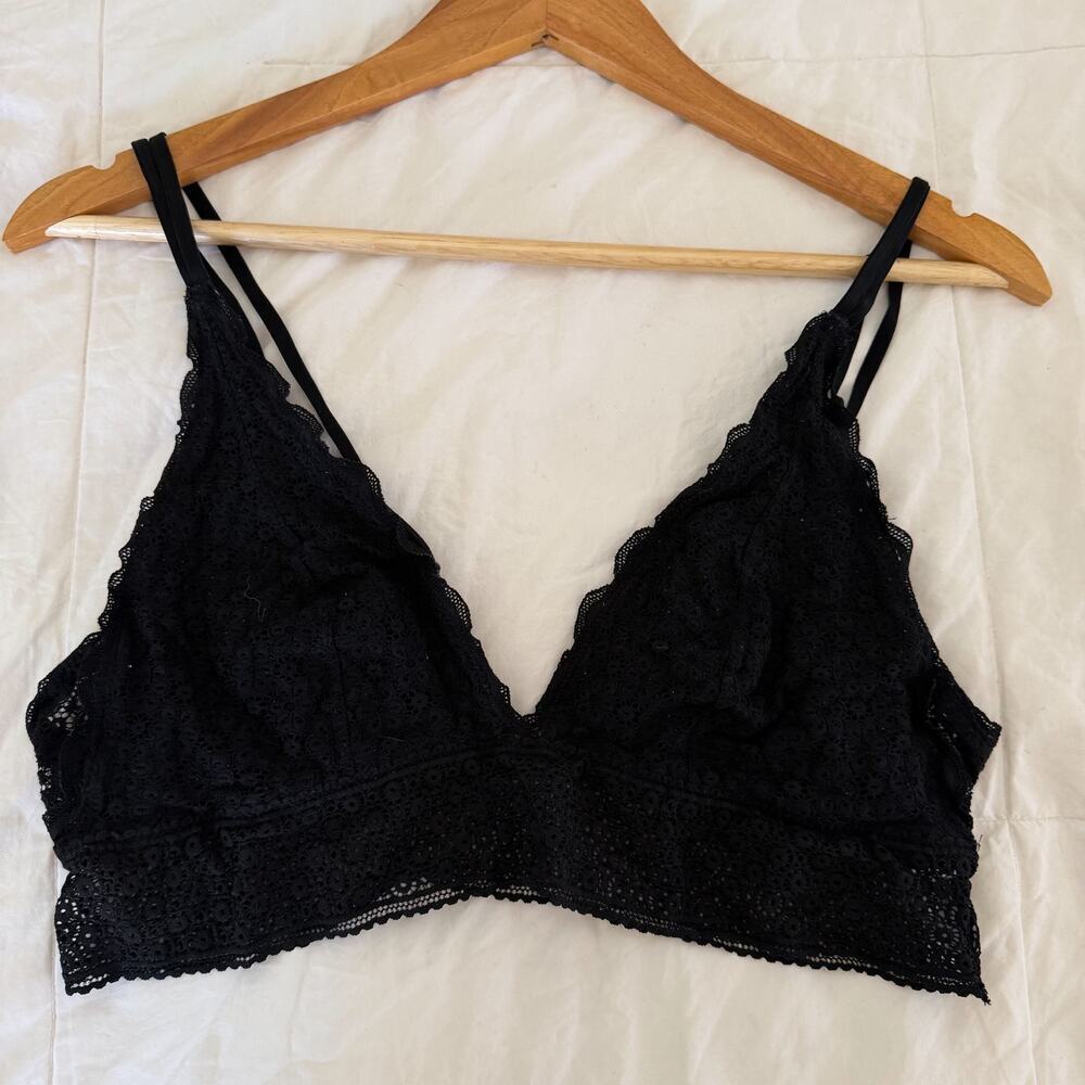 Aerie Black Lace Bralette Floral Eyelet Wireless Bra Size Large Light Support